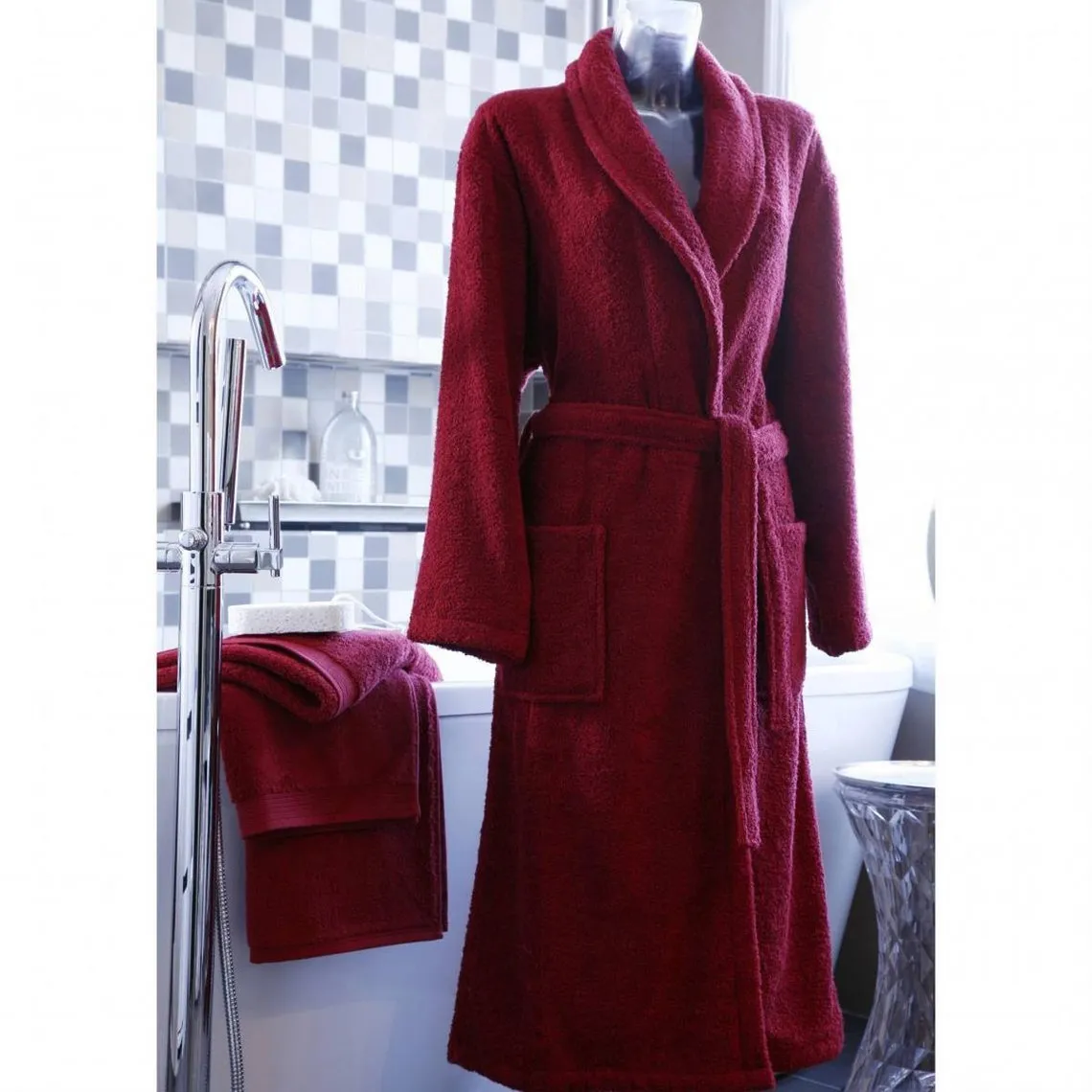 Peignoir de bain col châle coton 420 grm² unisexe Blanc des Vosges - Rouge | 3 Suisses