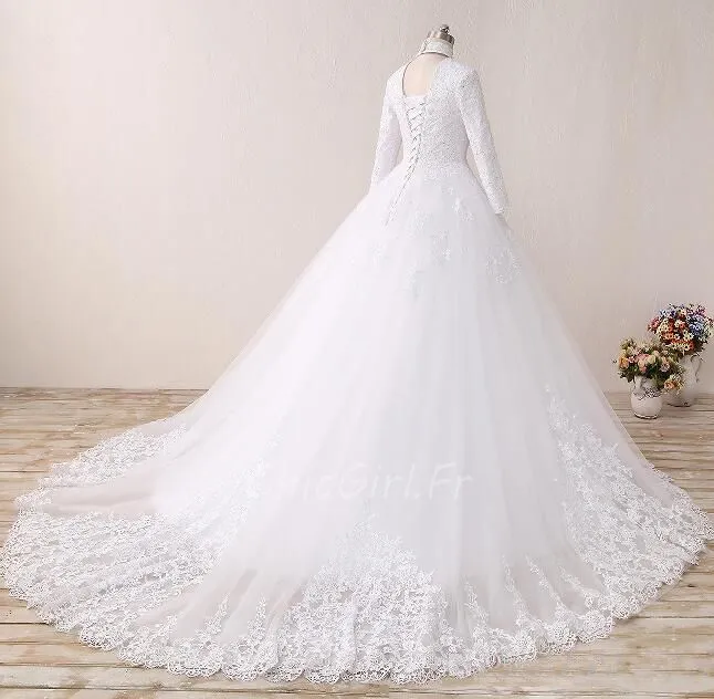 Robe De Mariée Princesse Manche Longue Tulle Dentelle Col Montant